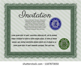 Green Formal invitation template. Printer friendly. Customizable, Easy to edit and change colors. Money Pattern. 