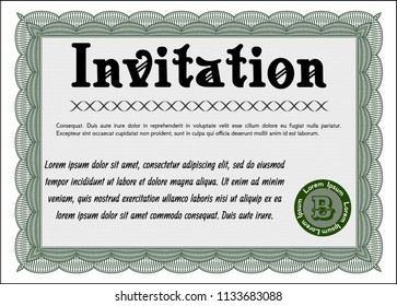 Green Formal invitation template. Vector illustration. With great quality guilloche pattern. Retro design. 