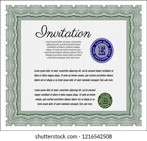 Green Formal invitation template. Vector illustration. With complex background. Money style design. 