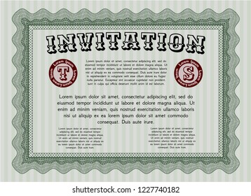 Green Formal invitation template. Vector illustration. With complex linear background. Money style design. 