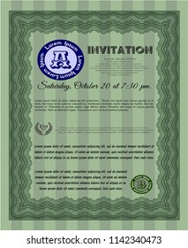 Green Formal invitation. Vector illustration. With complex background. Money Pattern. 