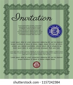Green Formal invitation. Vector illustration. With guilloche pattern and background. Money design. 