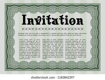 Green Formal invitation. Vector illustration. With great quality guilloche pattern. Cordial design. 