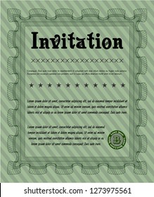 Green Formal invitation. Vector illustration. With guilloche pattern and background. Excellent design. 