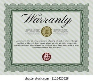 Green Formal Warranty Certificate template. Perfect design. Vector illustration. With great quality guilloche pattern. 