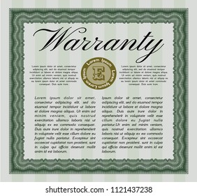 Green Formal Warranty Certificate template. Customizable, Easy to edit and change colors. Complex background. Nice design. 