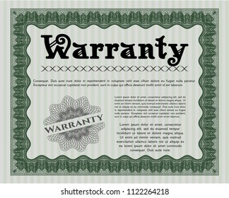 Green Formal Warranty Certificate template. Detailed. With guilloche pattern. Money style design. 