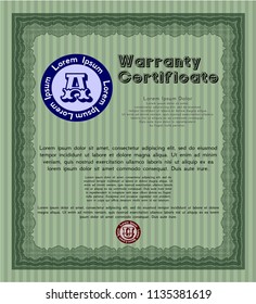 Green Formal Warranty Certificate template. Excellent design. With linear background. Detailed. 