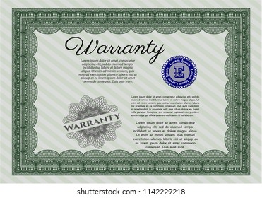 Green Formal Warranty Certificate template. Superior design. With great quality guilloche pattern. Customizable, Easy to edit and change colors. 