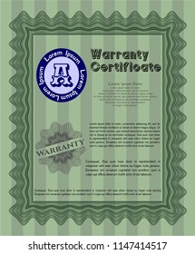 Green Formal Warranty Certificate template. With complex linear background. Superior design. Vector illustration. 