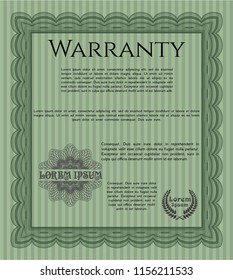 Green Formal Warranty Certificate template. Vector illustration. With guilloche pattern and background. Lovely design. 