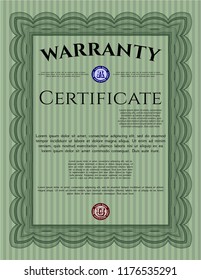 Green Formal Warranty Certificate template. With complex background. Perfect design. Vector illustration. 