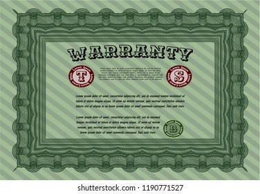 Green Formal Warranty Certificate template. With linear background. Artistry design. Customizable, Easy to edit and change colors. 