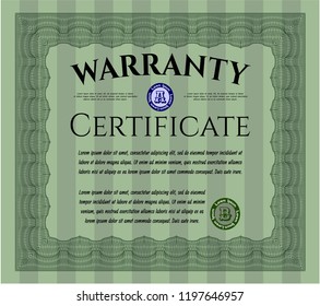 Green Formal Warranty Certificate template. With background. Detailed. Modern design. 