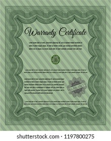 Green Formal Warranty Certificate template. With complex linear background. Vector illustration. Sophisticated design. 