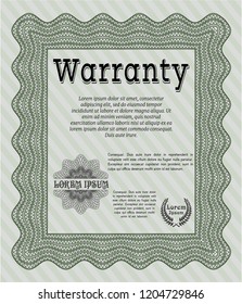 Green Formal Warranty Certificate template. Vector illustration. With guilloche pattern and background. Cordial design. 