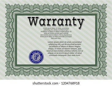 Green Formal Warranty Certificate template. With complex background. Detailed. Money Pattern. 
