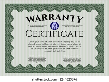 Green Formal Warranty Certificate template. Lovely design. With background. Detailed. 