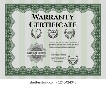 Green Formal Warranty Certificate template. Perfect design. Customizable, Easy to edit and change colors. With guilloche pattern. 