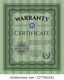 Green Formal Warranty Certificate template. Excellent design. With linear background. Vector illustration. 