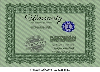 Green Formal Warranty Certificate template. Retro design. With guilloche pattern and background. Customizable, Easy to edit and change colors. 