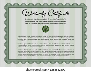 Green Formal Warranty Certificate template. With linear background. Excellent design. Vector illustration. 