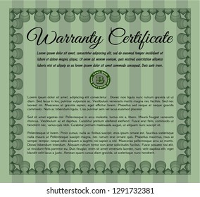 Green Formal Warranty Certificate template. Money Pattern. Detailed. With background. 