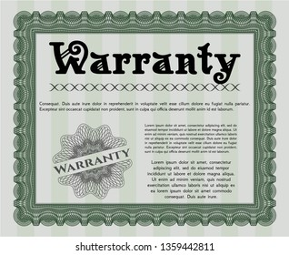 Green Formal Warranty Certificate template. With guilloche pattern. Modern design. Vector illustration. 