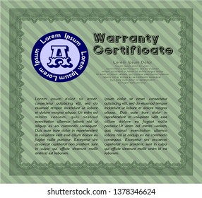 Green Formal Warranty Certificate template. With guilloche pattern. Customizable, Easy to edit and change colors. Retro design. 