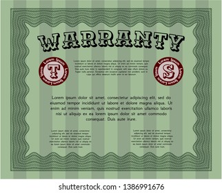 Green Formal Warranty Certificate template. Detailed. Easy to print. Money Pattern design. 