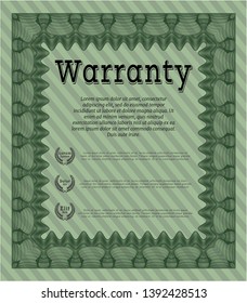 Green Formal Warranty Certificate template. With guilloche pattern and background. Cordial design. Vector illustration. 