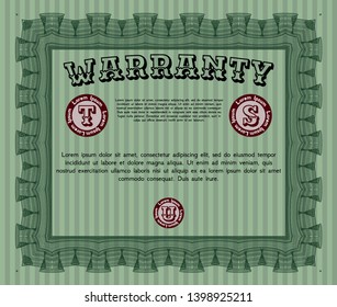 Green Formal Warranty Certificate template. Detailed. With guilloche pattern and background. Retro design. 