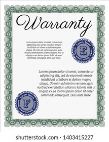 Green Formal Warranty Certificate template. With background. Detailed. Nice design. 