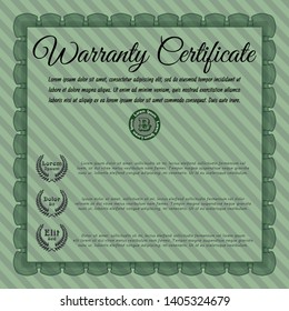 Green Formal Warranty Certificate template. Sophisticated design. Detailed. With guilloche pattern and background. 