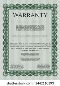 Green Formal Warranty Certificate template. Superior design. Easy to print. Detailed. 