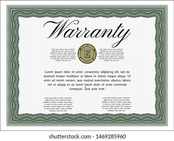 Green Formal Warranty Certificate template. Printer friendly. Vector illustration. Nice design. 