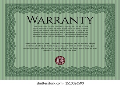 Green Formal Warranty Certificate template. With quality background. Vector illustration. Nice design. 