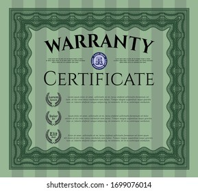 Green Formal Warranty Certificate template. Money style design. With guilloche pattern and background. Vector illustration. 