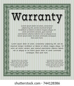 Green Formal Warranty Certificate template. Printer friendly. Vector illustration. Money Pattern. 