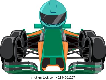 Green formula racing car with racer illustration