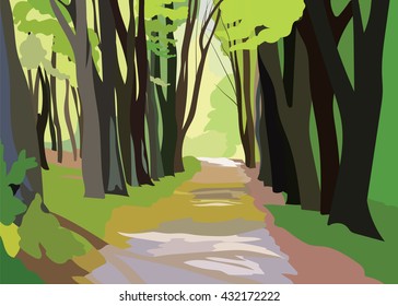 Green Forrest Trees Vector. Forrest woods background with perspective walking path road