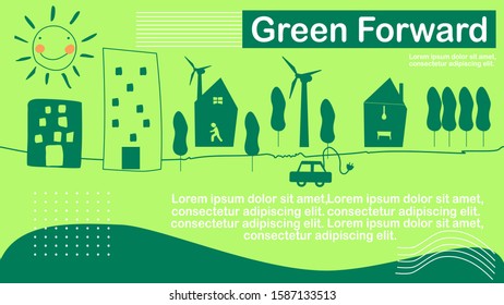 Green forward concept with green city background, green color tone, for banner, infographic, design ui, ux, webs , template, web header, publiser or postcard, easy to adjust color.