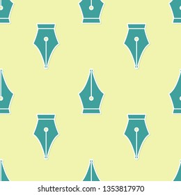 Green Fountain pen nib icon isolated seamless pattern on yellow background. Pen tool sign. Flat design. Vector Illustration