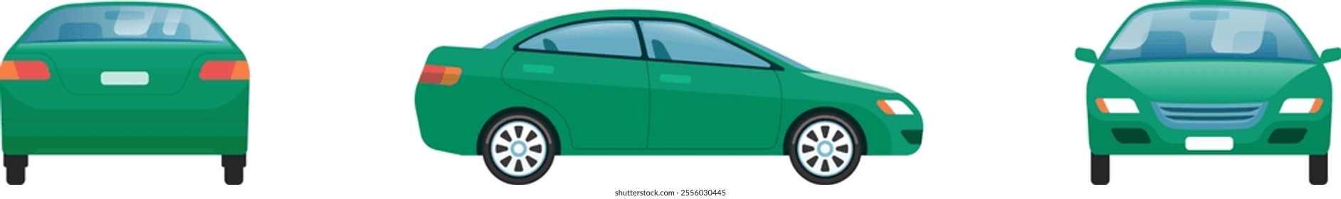 Green four door sedan car presenting front, side and rear view, showcasing its design and features for automotive and transportation concepts