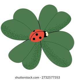 Trevo verde de quatro folhas com joaninha fofa em estilo de desenho animado plano. Símbolo de sorte, natureza e primavera. Perfeito para design sazonal, adesivos, cartões e ilustrações.