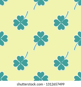 Green Four leaf clover icon isolated seamless pattern on yellow background. Happy Saint Patrick day. Flat design. Vector Illustration