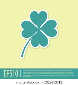 Green Four leaf clover icon isolated on yellow background. Happy Saint Patrick day. Vector Illustration