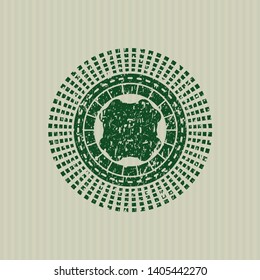 Green four leaf clover icon inside distressed rubber stamp with grunge texture