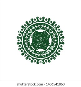 Green four leaf clover icon inside distressed rubber grunge stamp