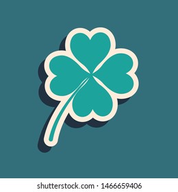 Green Four leaf clover icon isolated on blue background. Happy Saint Patrick day. Long shadow style. Vector Illustration